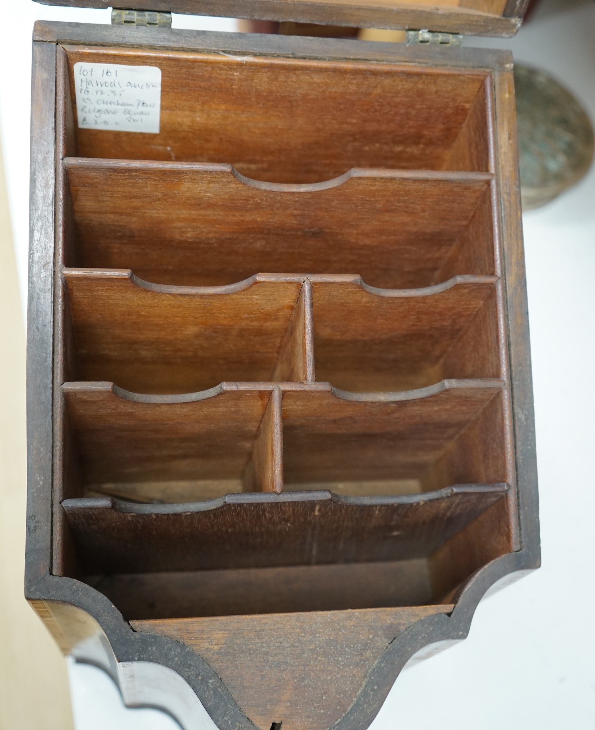 A George III mahogany shell inlaid knife box, converted to a stationery box, 36.5cm high at the back. Condition - needs cleaning and possibly repolishing